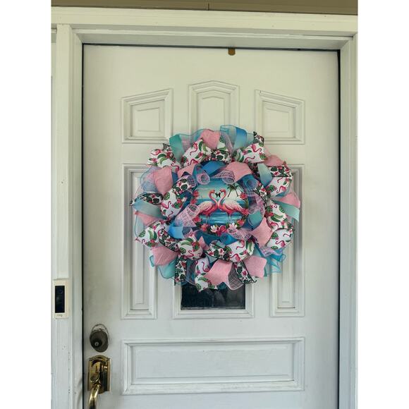 Pink Flamingo Deco Mesh Ribbon Tropical Spring & Summer Wreath Front Door Hanger - Picture 7 of 7
